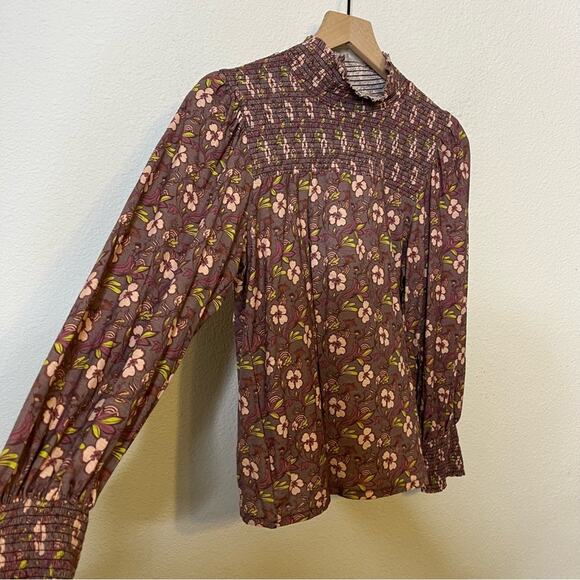 Nation LTD Sandrine Boheme Tee Floral Smocked Open Back Long Sleeve Blouse L - Picture 4 of 7